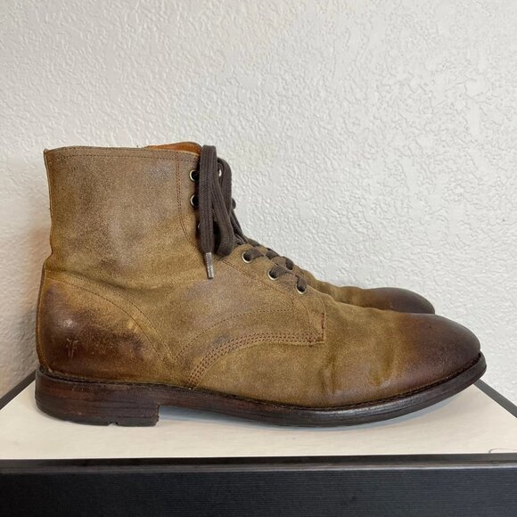 Frye Bowery Brown Leather Ankle Combat Boots Side Zip Lace up Men's Size 12 D - Picture 3 of 12
